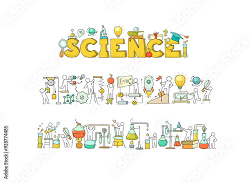Chemistry and physics science icons with doodle scientists in laboratory. Concept of education, research and experiment with sketch of school chemical lab, microscope, magnet, vector illustration