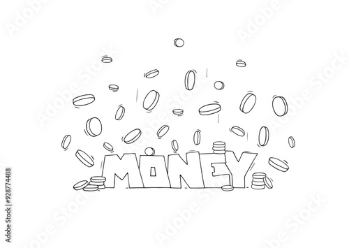 Wallpaper Mural Money word with many coins. Doodle falling gold coins - finance concept. Profit money, vector sketch illustration Torontodigital.ca