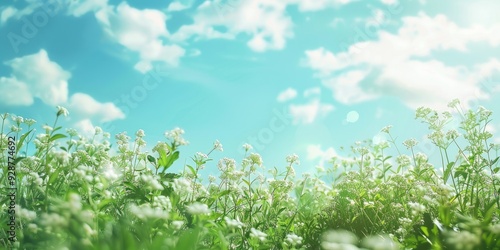 Soft focus bottom view of green steppe with small white flowers against a backdrop of blue sky with text space