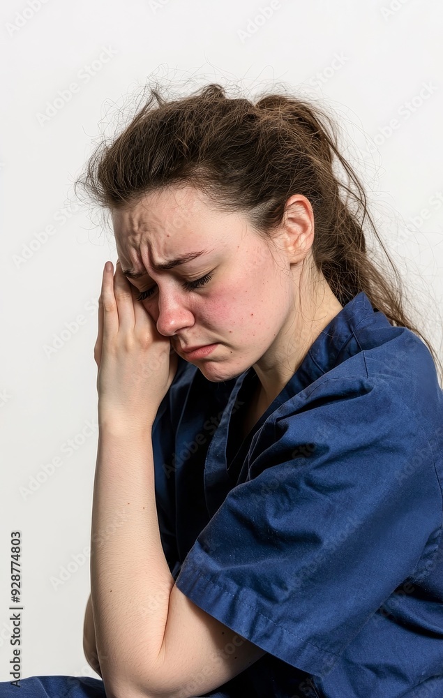 Young brunette doctor girl wearing nurse or surgeon uniform over isolated background thinking about depression with crossed arms looking tired and bored. Young brunette doctor girl wearing nurse or surgeon uniform over isolated background thinking about depression with crossed arms looking tired and bored.