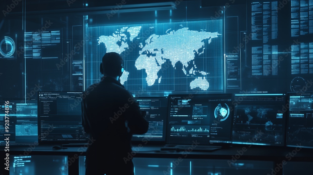 A lone person stands before a wall of computer monitors displaying data and a map of the world, all illuminated in a blue hue. A lone person stands before a wall of computer monitors displaying data and a map of the world, all illuminated in a blue hue.