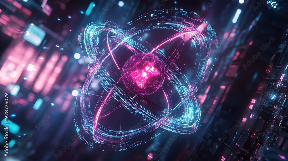 19. A high-tech, cyberpunk-inspired atom with neon lights and digital effects 19. A high-tech, cyberpunk-inspired atom with neon lights and digital effects