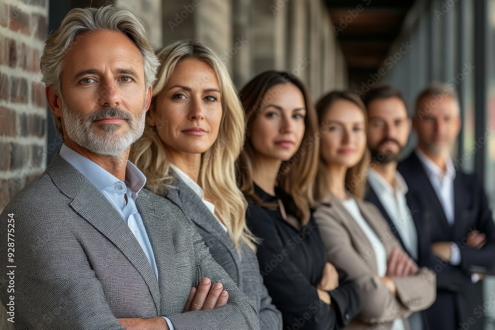 a show of unity, a row of Caucasian businesspeople poses for a group photo, showcasing their collective vision for the successful business corporation., Generative AI a show of unity, a row of Caucasian businesspeople poses for a group photo, showcasing their collective vision for the successful business corporation., Generative AI