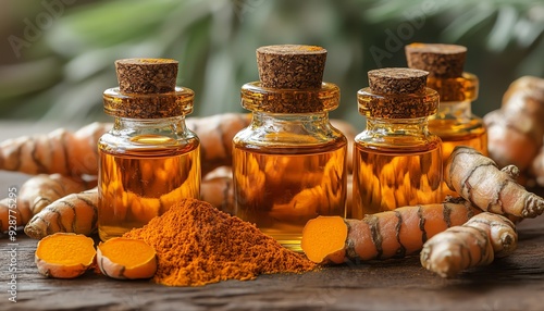 Bottles of turmeric oil and powder, surrounded by fresh turmeric roots, set on a rustic wooden table photo