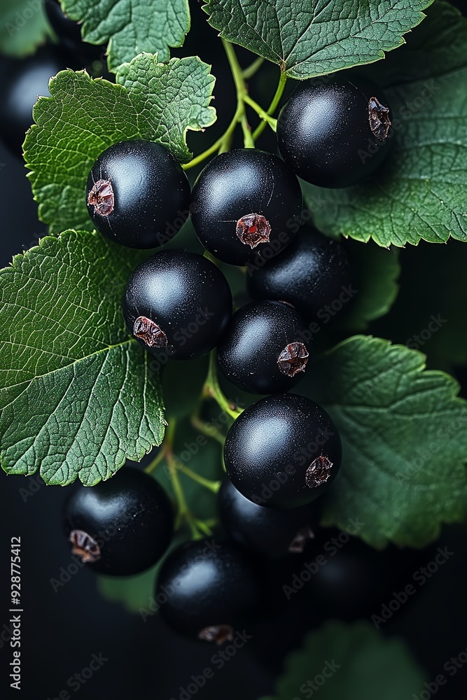 Closeup of black currants with leaves, dark background Closeup of black currants with leaves, dark background
