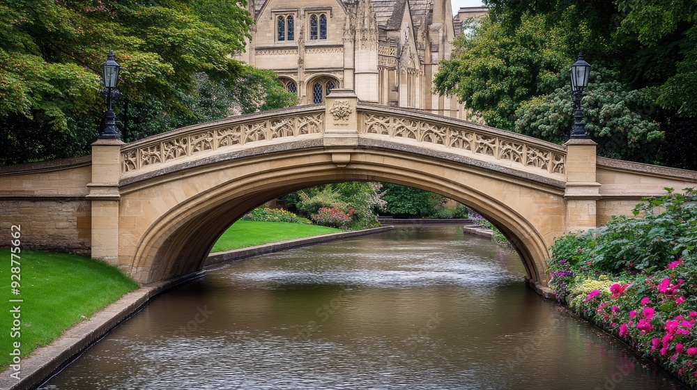 Fototapeta premium The serene stone bridge in a blooming garden offers a peaceful retreat, surrounded by lush plants and a gentle stream reflecting nature’s beauty