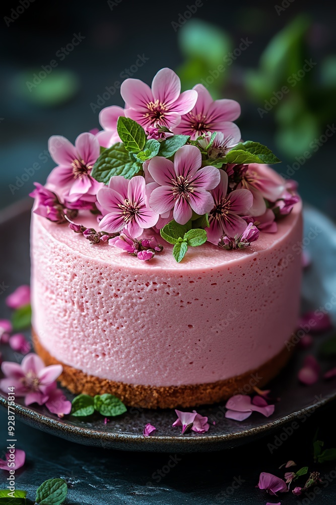 Elegant pink dessert topped with fresh flowers and mint leaves Elegant pink dessert topped with fresh flowers and mint leaves