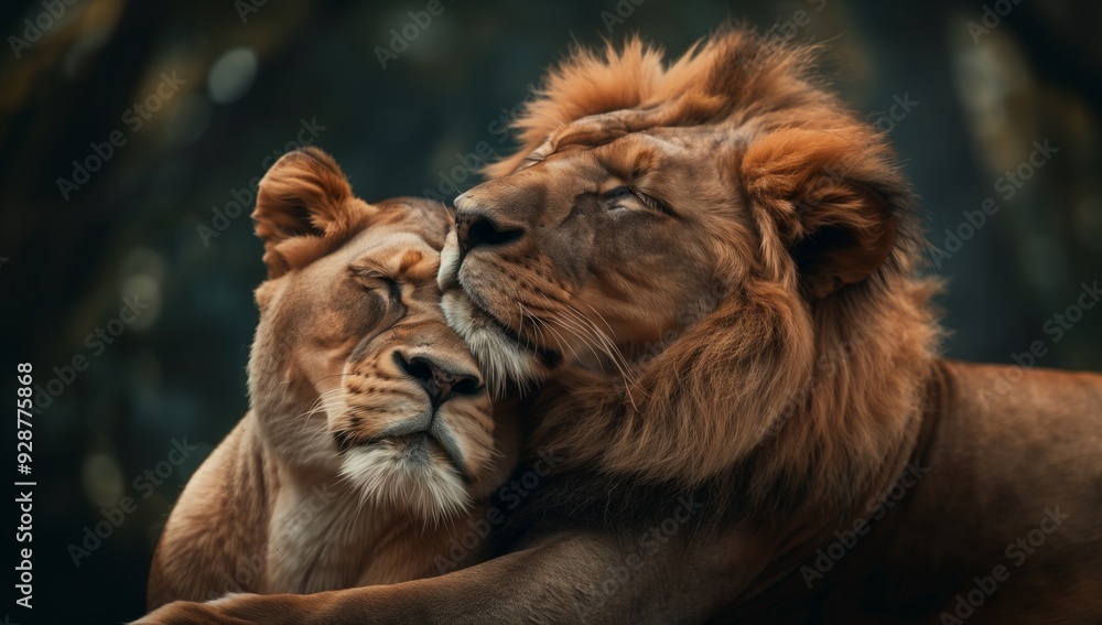 Fototapeta premium Lion and lioness in love, hugging each other with their paws, closed eyes and happy faces