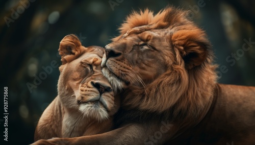 Lion and lioness in love, hugging each other with their paws, closed eyes and happy faces