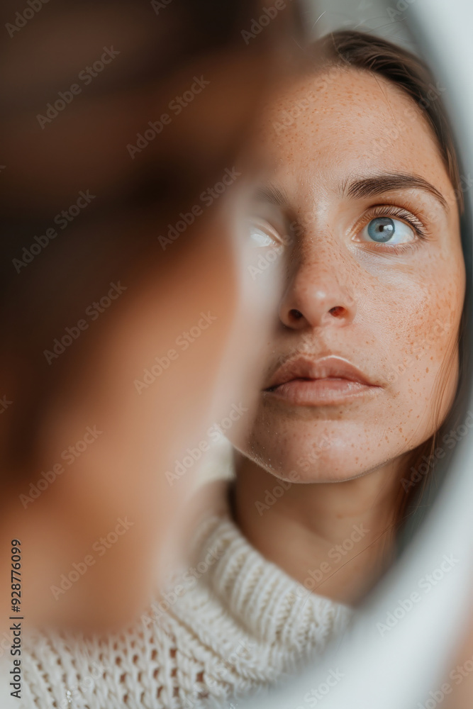 Woman looking at herself in the mirror, thoughtful expression
Woman looking at herself in the mirror, thoughtful expression