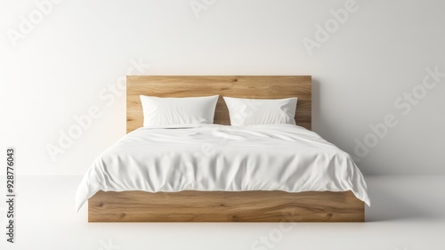 A wooden bed frame with white bedding and pillows creates a serene and minimalist atmosphere in a bright room