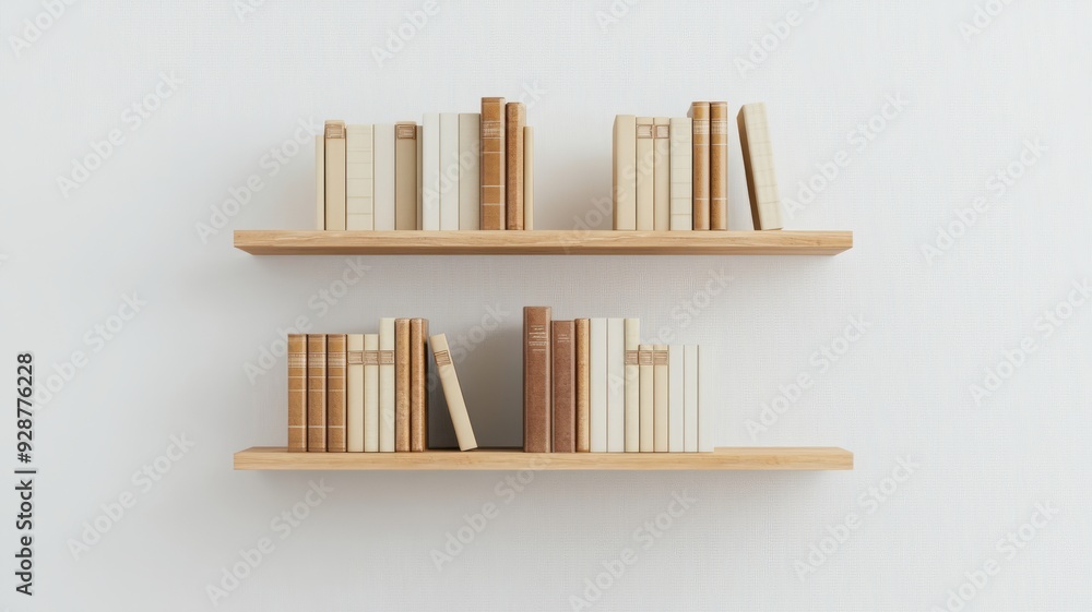 Neatly arranged books sit on two wooden shelves against a white wall, creating a simple yet stylish decor Neatly arranged books sit on two wooden shelves against a white wall, creating a simple yet stylish decor