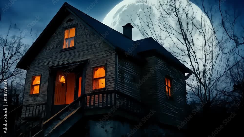 Haunted house with glowing pumpkins and scary shadows moving in the windows under the full moon