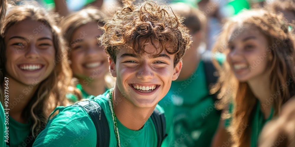 Photo of happy youth having fun in a friendly crowd, dressed in green clothes, Generative AI Photo of happy youth having fun in a friendly crowd, dressed in green clothes, Generative AI