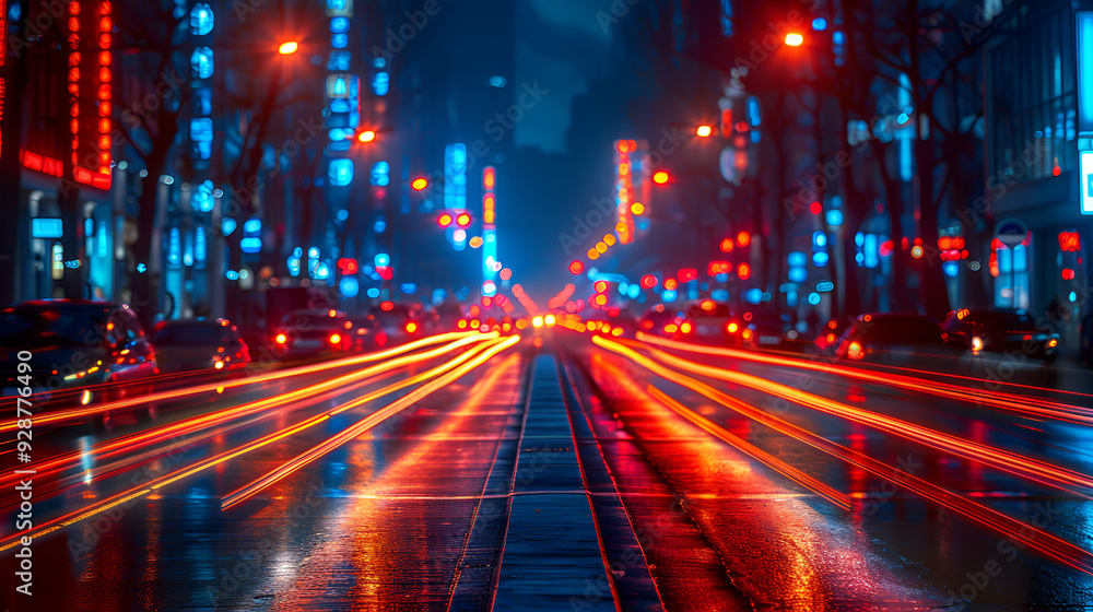 A bustling city street at night, illuminated by vibrant lights and filled with moving cars under a starry sky. A bustling city street at night, illuminated by vibrant lights and filled with moving cars under a starry sky.