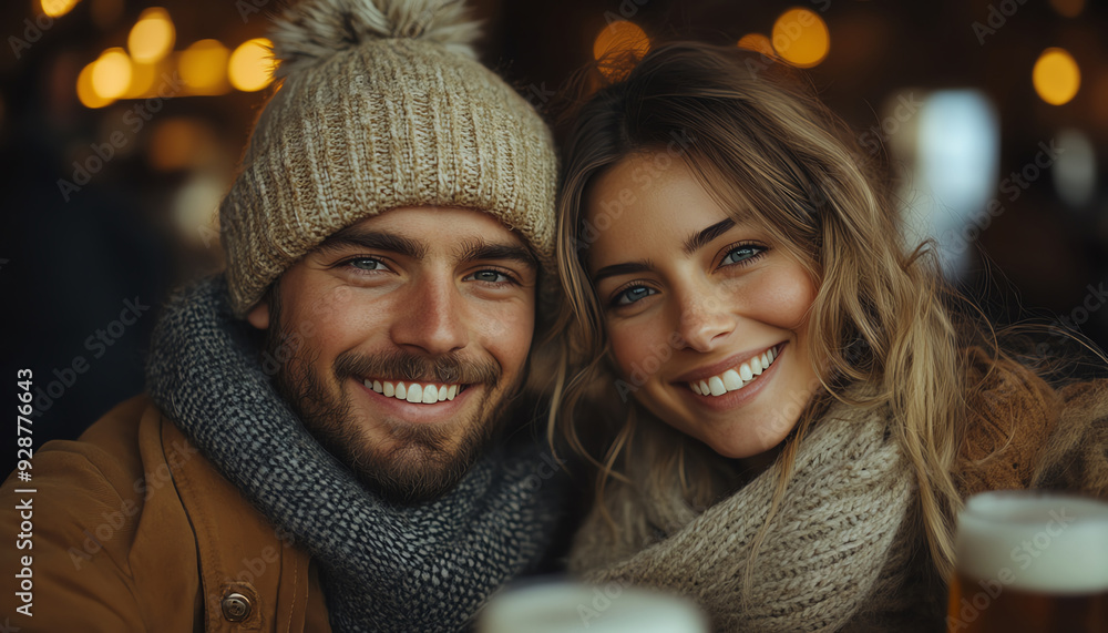 Smiling couple enjoying beer in a cozy pub, warm and inviting, evening light, medium closeup Smiling couple enjoying beer in a cozy pub, warm and inviting, evening light, medium closeup