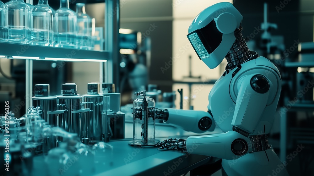 A white humanoid robot with a glass visor works with a test tube in a laboratory with a futuristic aesthetic. A white humanoid robot with a glass visor works with a test tube in a laboratory with a futuristic aesthetic.