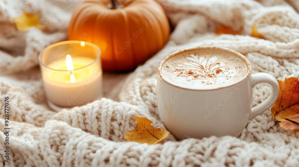 A warm cup of coffee sits next to a lit candle and a small pumpkin, surrounded by autumn leaves on a cozy knitted blanket.