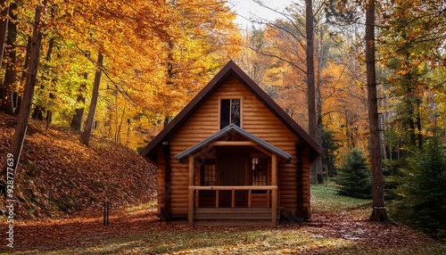 Small wooden house in the middle of the autumn forest