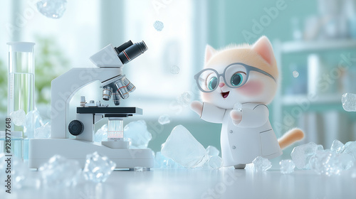 A cute cartoon cat, this time wearing glasses and white fur, stands excitedly near a microscope. It is a laboratory with various scientific equipment and crystal structures similar to ice.