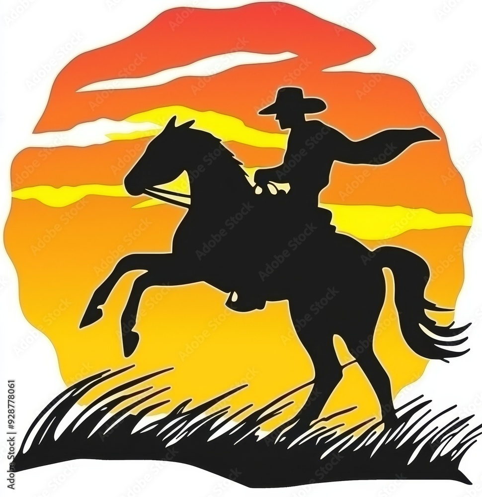 On a white background, a lone cowboy rides through the Wyoming sunset in a realistic illustration characterized by warm tones On a white background, a lone cowboy rides through the Wyoming sunset in a realistic illustration characterized by warm tones