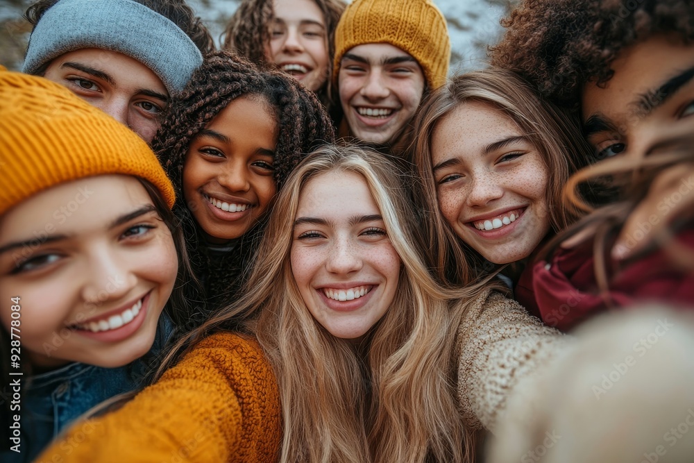 Many beautiful people standing in a circle smile at the camera taking a portrait outdoors - Large group of multiracial friends taking a selfie - Happy, Generative AI Many beautiful people standing in a circle smile at the camera taking a portrait outdoors - Large group of multiracial friends taking a selfie - Happy, Generative AI