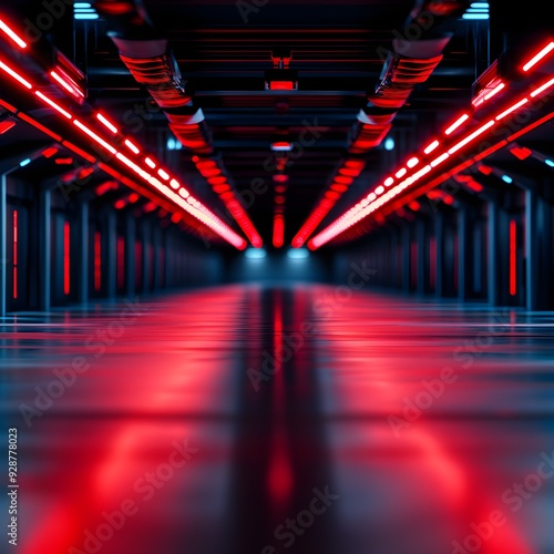 Vast, empty futuristic garage with red neon accents and a cold, dark environment, suggesting a high-tech underground facility