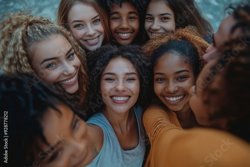 Many beautiful people standing in a circle smile at the camera taking a portrait outdoors - Large group of multiracial friends taking a selfie - Happy, Generative AI