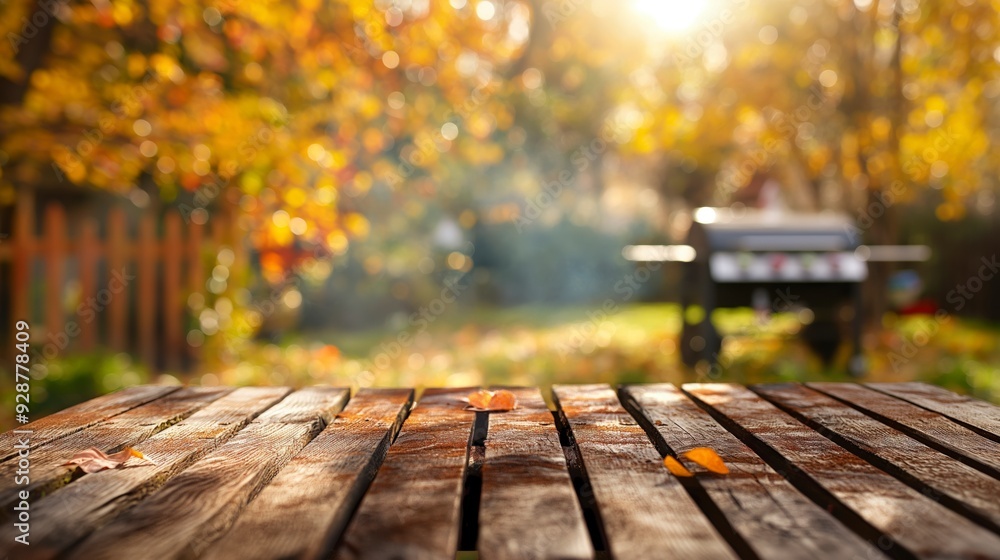 Rustic wooden table in a fall forest setting with blurred background of golden leaves and sunlight. Rustic wooden table in a fall forest setting with blurred background of golden leaves and sunlight.