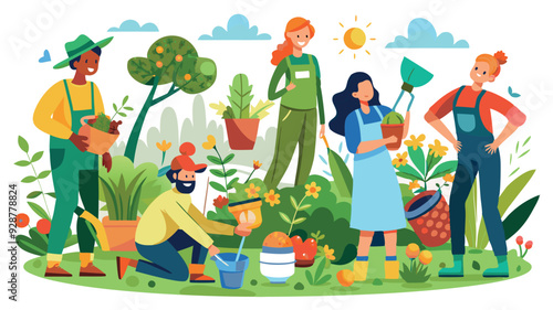 Men and women are gardening and plant vegetables, flower