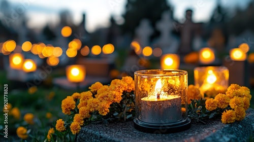 A cemetery with many candles lit in glass vases