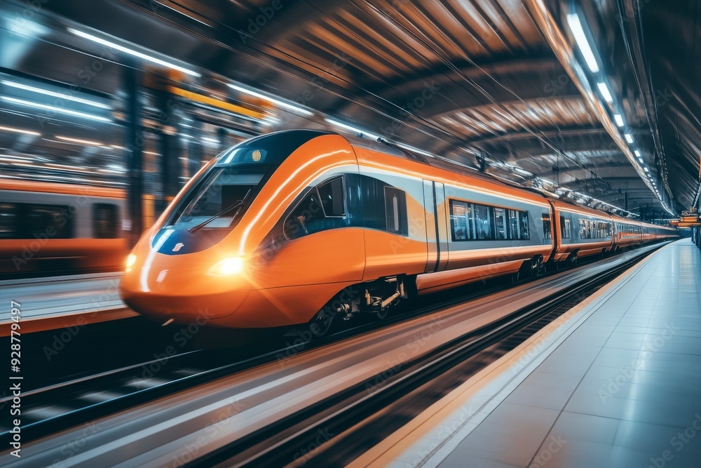 Modern high-speed train speeding through a subway tunnel with a blur effect. Modern high-speed train speeding through a subway tunnel with a blur effect.