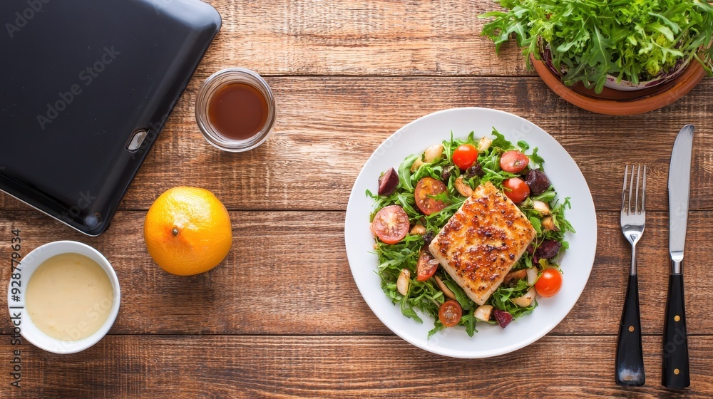 A fresh salad with grilled fish, tomatoes, and greens on a rustic wooden table, perfect for healthy meal inspiration. A fresh salad with grilled fish, tomatoes, and greens on a rustic wooden table, perfect for healthy meal inspiration.