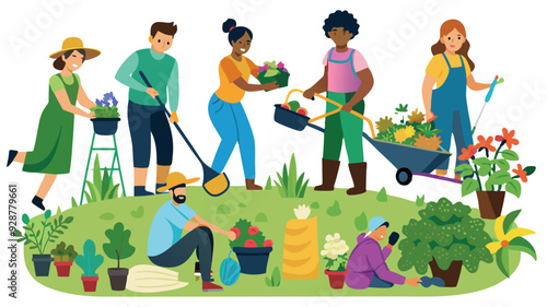 Men and women are gardening and plant vegetables, flower