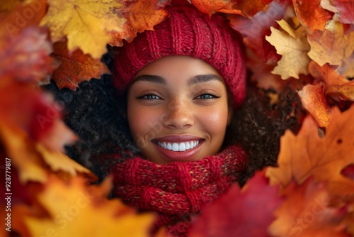 'A radiant woman with a bright smile, surrounded by a vibrant swirl of colorful autumn leaves.'