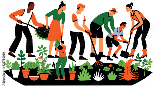 Men and women are gardening and plant vegetables, flower