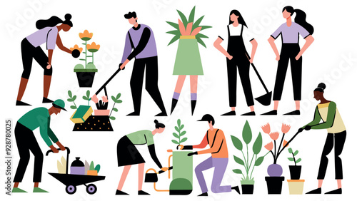 Men and women are gardening and plant vegetables, flower
