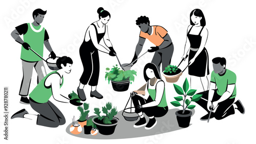 Men and women are gardening and plant vegetables, flower