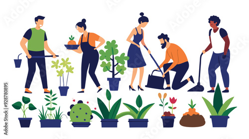 Men and women are gardening and plant vegetables, flower