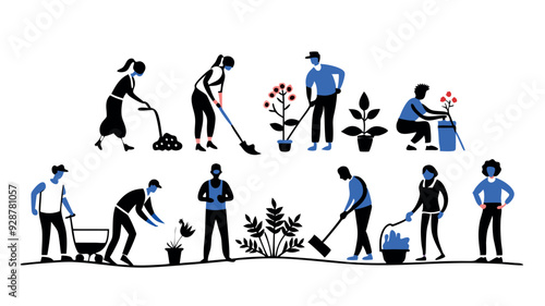 Men and women are gardening and plant vegetables, flower
