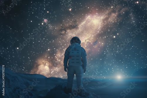 An astronaut stands on an alien planet, looking up at a starry sky.