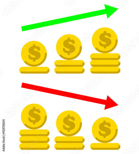 Dollar coins on graph, chart of money increase or decrease, Profit or loss concept, Currency fluctuations
