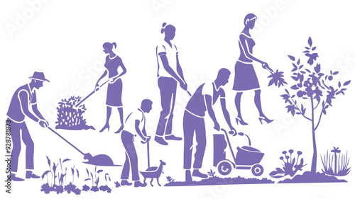Men and women are gardening and plant vegetables, flower