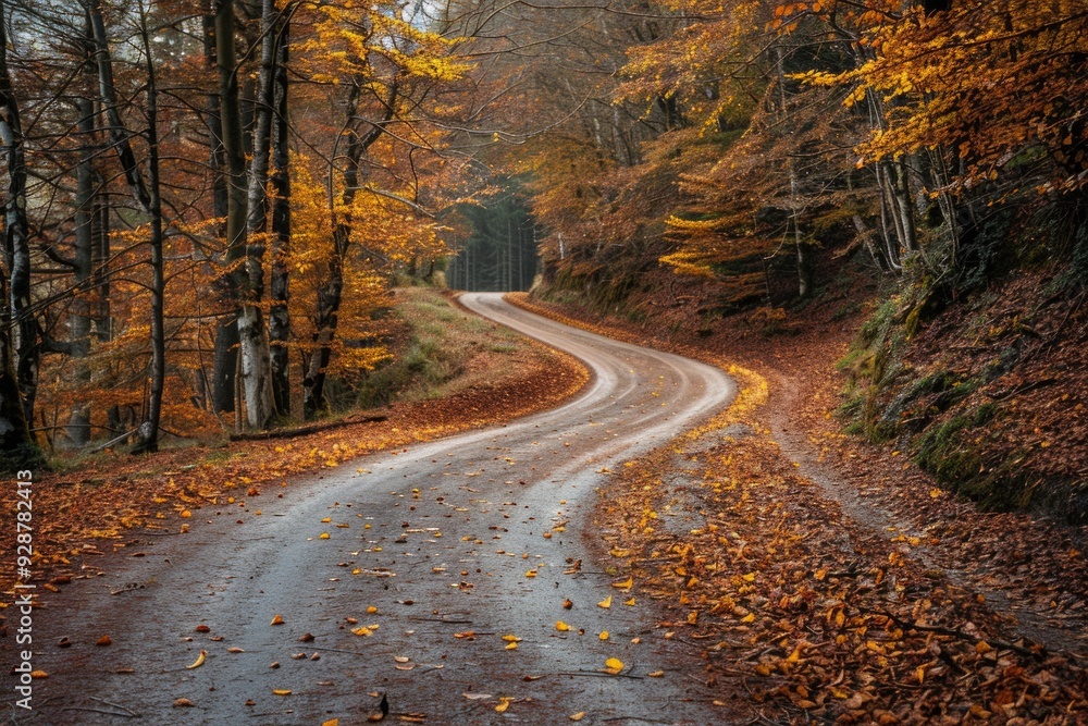 Fototapeta premium Winding road through dense forest with lush greenery and tall trees