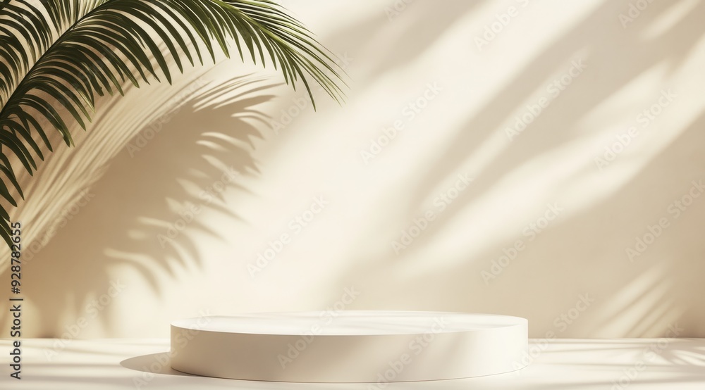 This chic beige pastel backdrop includes a sleek podium for showcasing products, casting soft tropical palm shadows that enhance the overall aesthetic and ambience of the presentation space This chic beige pastel backdrop includes a sleek podium for showcasing products, casting soft tropical palm shadows that enhance the overall aesthetic and ambience of the presentation space