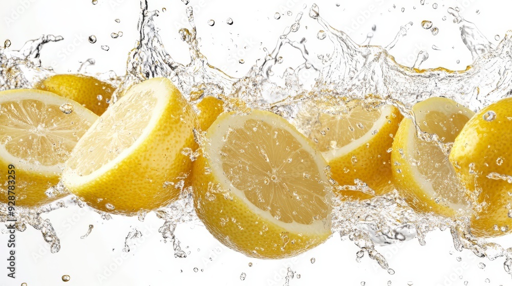 Lemon wedges splashing in water with a white background.