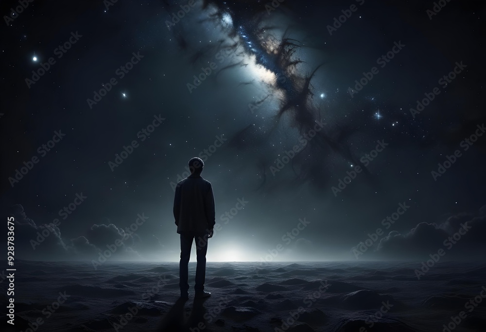 Fototapeta premium Man Facing Starry Sky with Galactic Vista in Remote Landscape