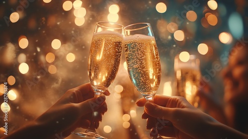 A champagne, prosecco, toast moment, bokeh background, celebration, valentines, birthday, party vibes