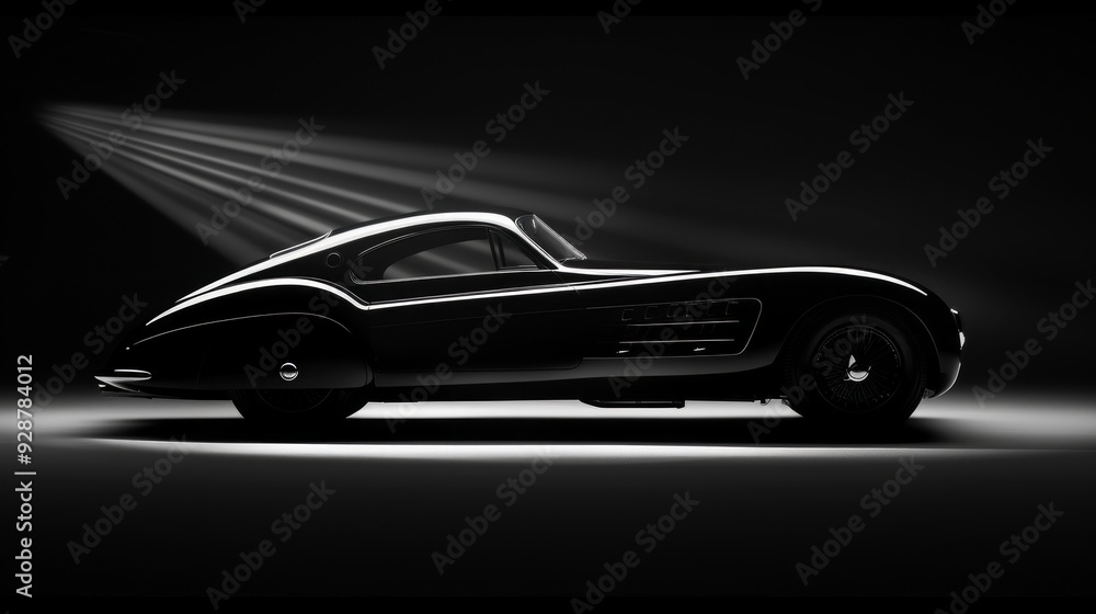 A spotlight illuminates a classic sports car in silhouette against a black backdrop, highlighting its features and creating a sense of speed and energy. A spotlight illuminates a classic sports car in silhouette against a black backdrop, highlighting its features and creating a sense of speed and energy.