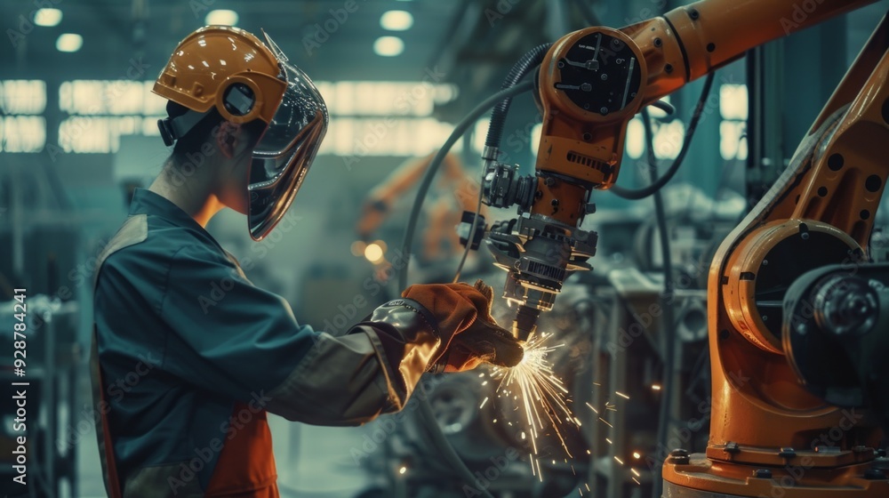 Factory scene: technician in uniform & mask operates orange robotic arm doing industrial task amid other arms in a well-lit, spacious setting. Factory scene: technician in uniform & mask operates orange robotic arm doing industrial task amid other arms in a well-lit, spacious setting.